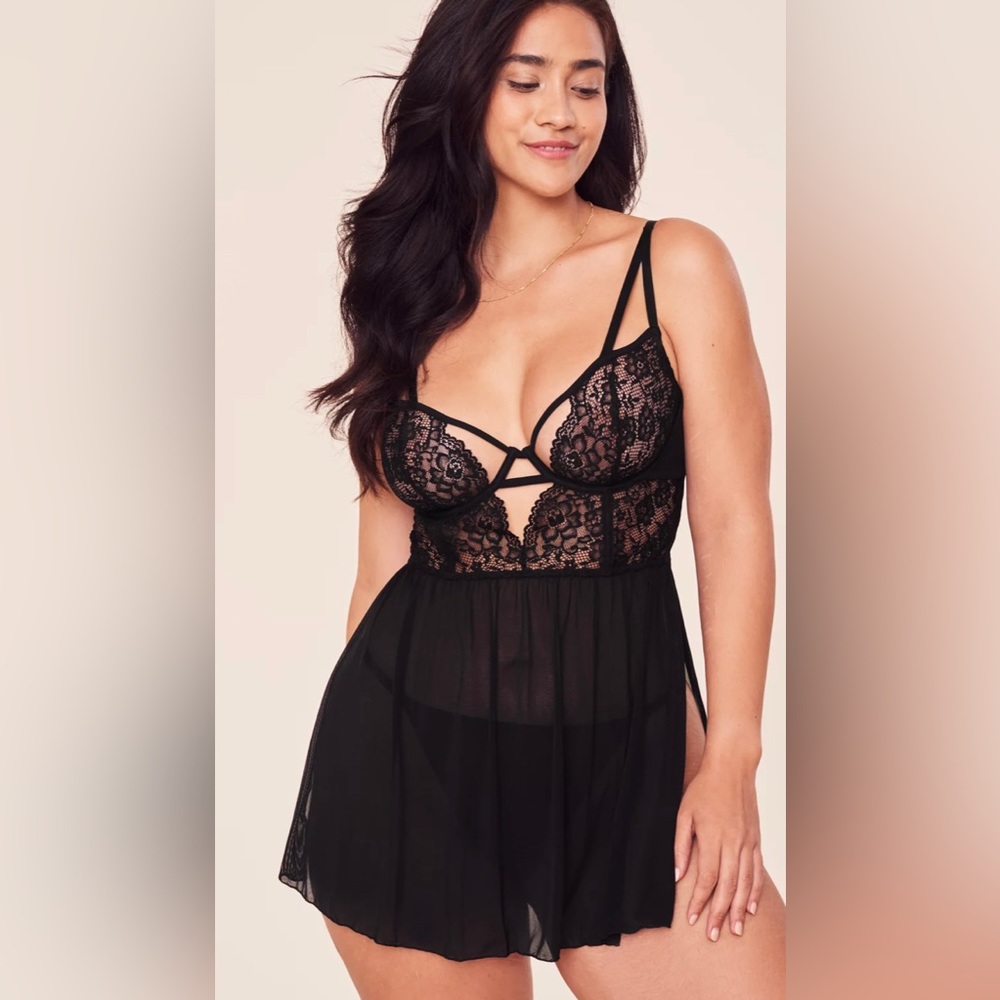 AdoreMe Rae Unlined Plus Babydoll & G-String - 2X - NWT - Black